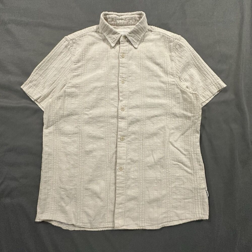 Wax London Drum Shirt Mens L Textured Short Sleeve Cotton Creme White Button
